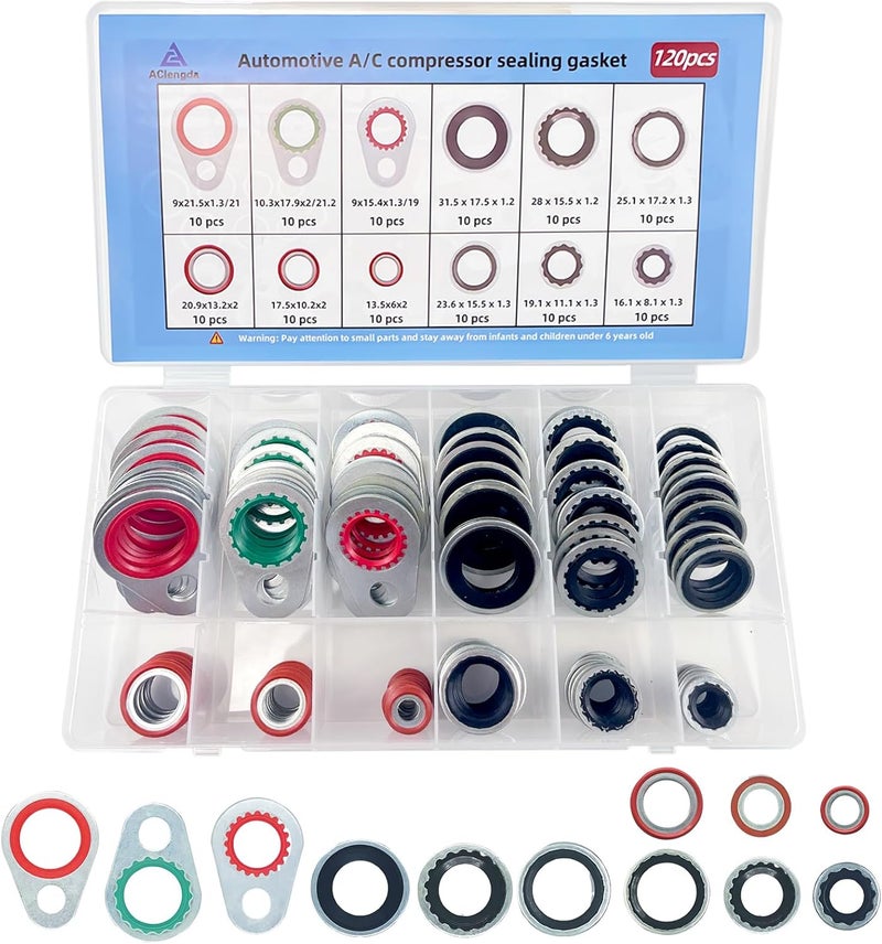 AClengda 120pcs automotive A/C system compressor gasket seal, Air Conditioner Compressor Port Seal Gasket Kit Bonded Gasket Seal Assortment Set (120 pcs) - Image 1
